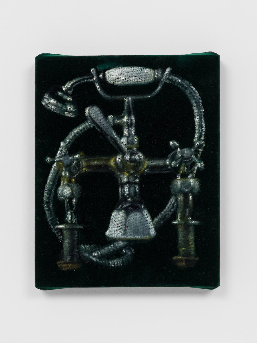*Unwinding with attachments*, 2021, Oil on velvet, 33.5 x 26.5 x 4 cm