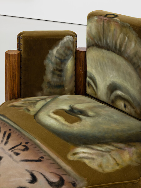 Detail View, *What if you showed up*, 2021, Oil on velvet upholstered modular sofa system (Carlo Scarpa c. 1930), rosewood, brass, Overall installed dimensions variable