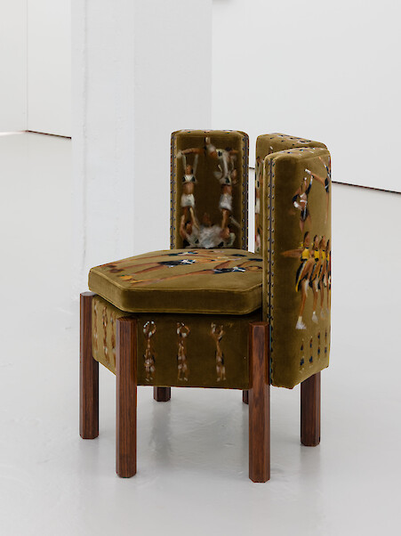 Detail View, *What if you showed up*, 2021, Oil on velvet upholstered modular sofa system (Carlo Scarpa c. 1930), rosewood, brass, Overall installed dimensions variable