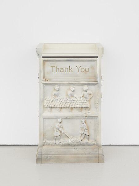 *Thank You (Iron Age)*, 2022, Painted MDF, laminate, waste bin, 97 x 58 x 40 cm