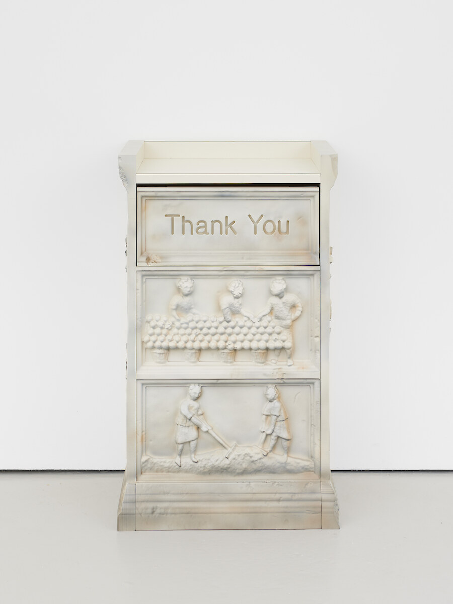 *Thank You (Iron Age)*, 2022, Painted MDF, laminate, waste bin, 97 x 58 x 40 cm