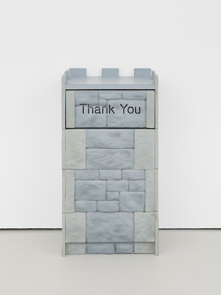 *Thank You (Medieval)*, 2022, Painted MDF, laminate, waste bin, 97 x 52.5 x 40 cm