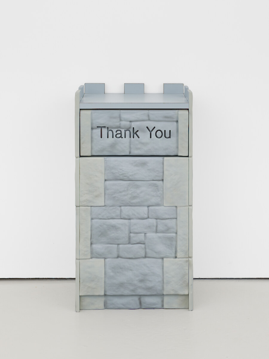 *Thank You (Medieval)*, 2022, Painted MDF, laminate, waste bin, 97 x 52.5 x 40 cm