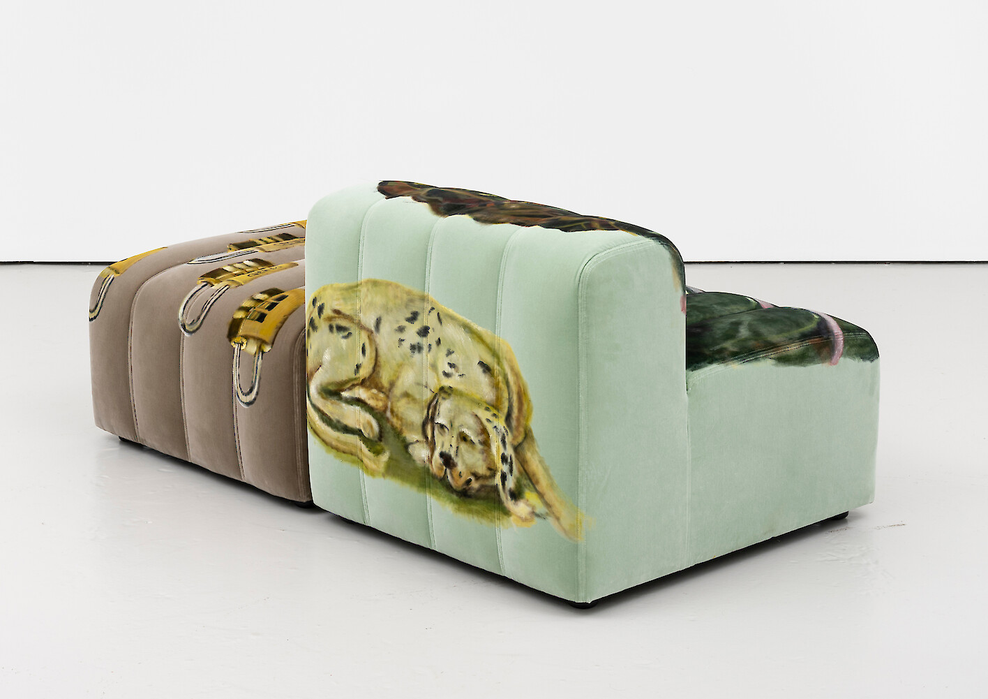 *Furni 2*, 2023, Sculpture: oil on velvet upholstered modular sofa system, 72 x 160 x 90 cm overall