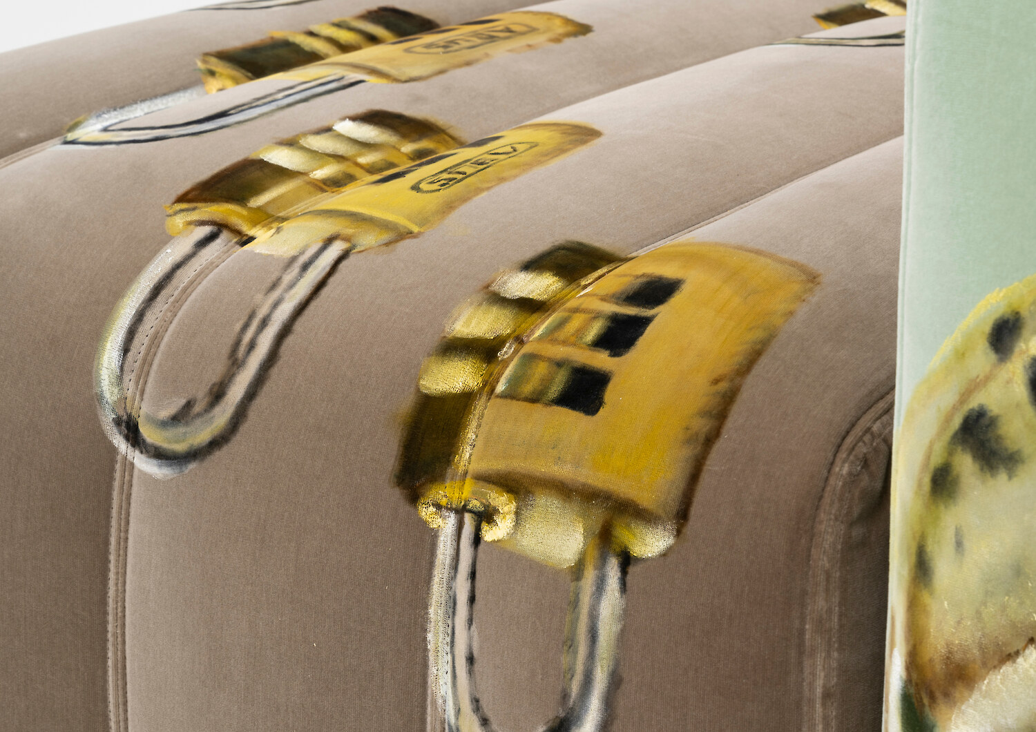 Detail View, *Furni 2*, 2023, Sculpture: oil on velvet upholstered modular sofa system, 72 x 160 x 90 cm overall