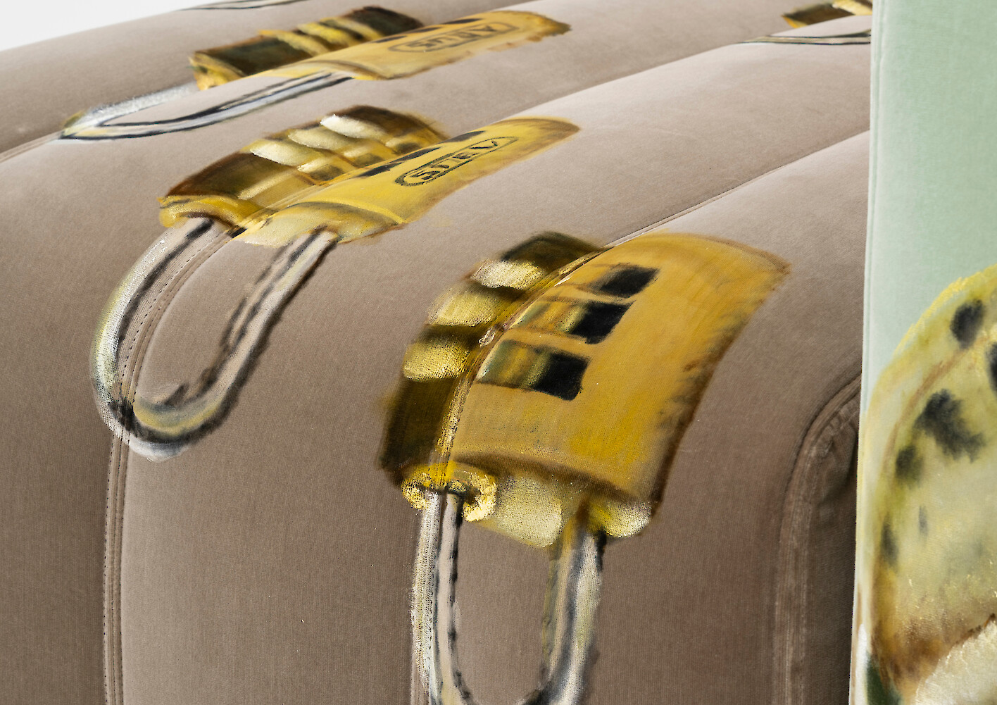 Detail View, *Furni 2*, 2023, Sculpture: oil on velvet upholstered modular sofa system, 72 x 160 x 90 cm overall