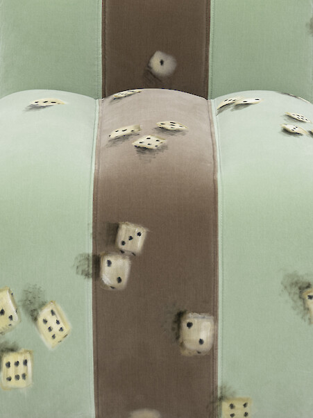 Detail View, *Furni 1*, 2023, Sculpture: oil on velvet upholstered modular sofa system, 72 x 220 x 90 cm overall