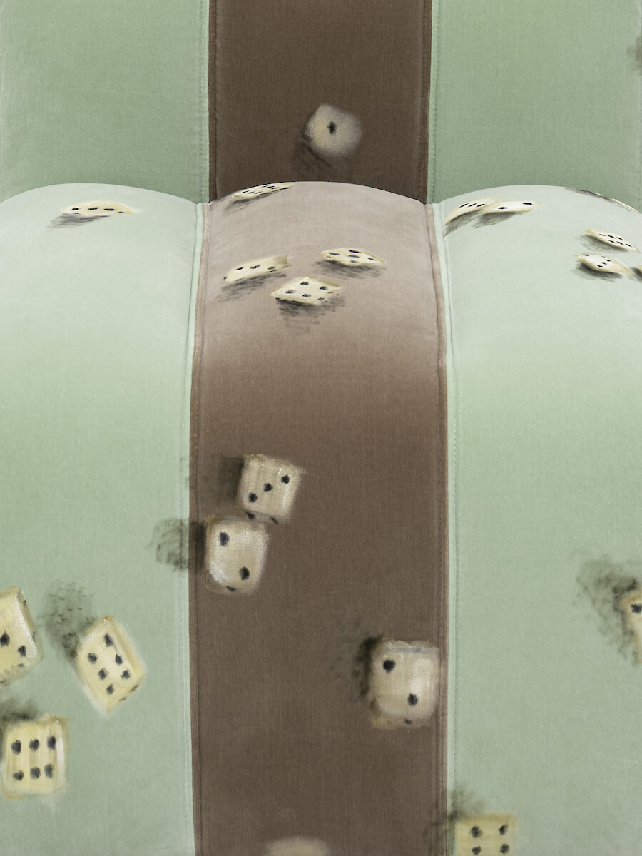 Detail View, *Furni 1*, 2023, Sculpture: oil on velvet upholstered modular sofa system, 72 x 220 x 90 cm overall
