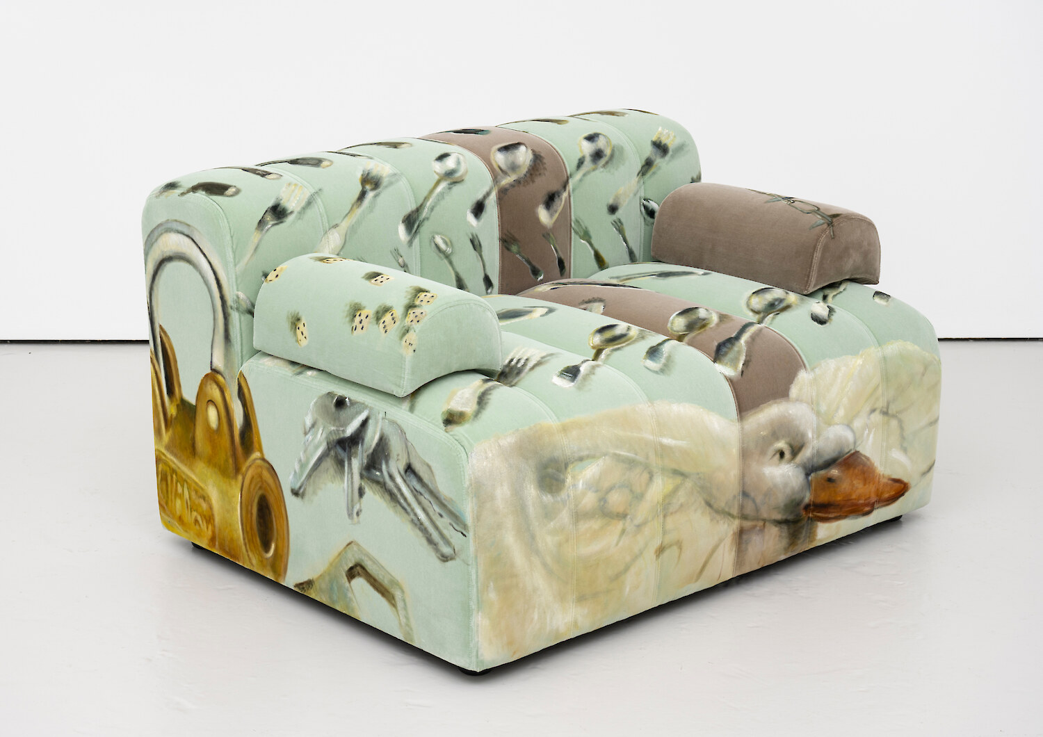 *Furni 3*, 2023, Sculpture: oil on velvet upholstered modular sofa system, 72 x 60 x 90 cm cm overall