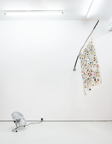 *Untitled (Unknown Territories)*, 2024,  Metal, wood, gauze, found items, components extracted from eletronic waste, and fan, Installed dimensions variable