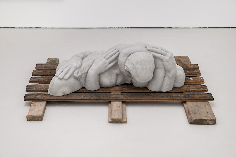 *Buried relic*, 2026, Acrylic on resin, sculpture: 42 x 125 x 80 cm, planks: 12 x 152 cm, each of 3, planks: 12 x 170 cm, each of 5, Unique