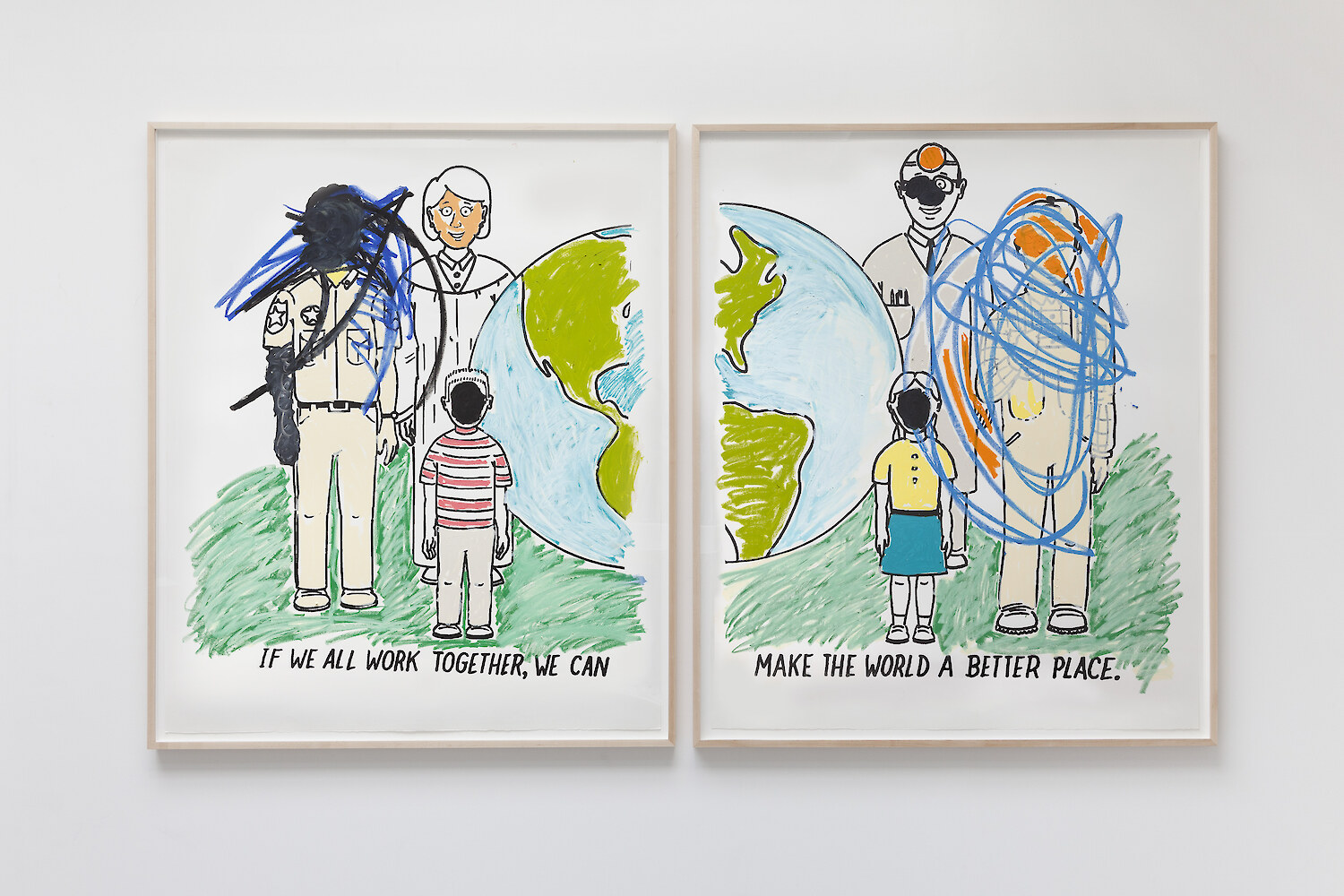 *Coloring Book 36*, 2019, Silkscreen ink and oil stick on paper, 152.4 x 127 cm (60 x 50 in) each of two panels; 162 x 302.5 cm (63 3/4 x 119 in) framed, overall installed