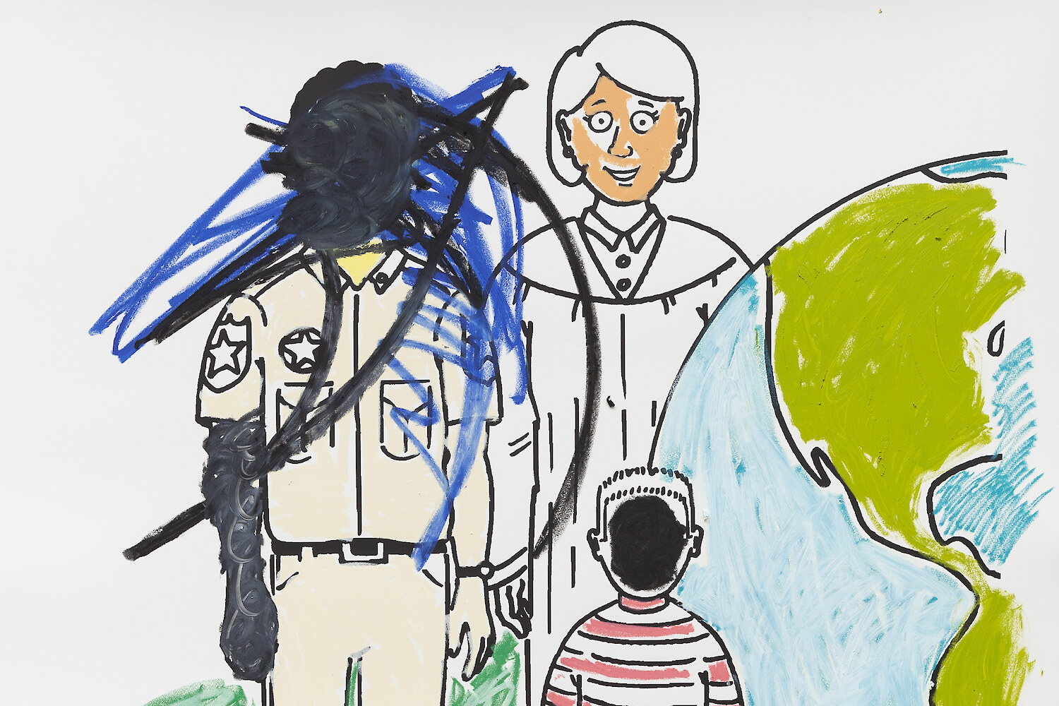 Detail View, *Coloring Book 36*, 2019, Silkscreen ink and oil stick on paper, 152.4 x 127 cm (60 x 50 in) each of two panels; 162 x 302.5 cm (63 3/4 x 119 in) framed, overall installed