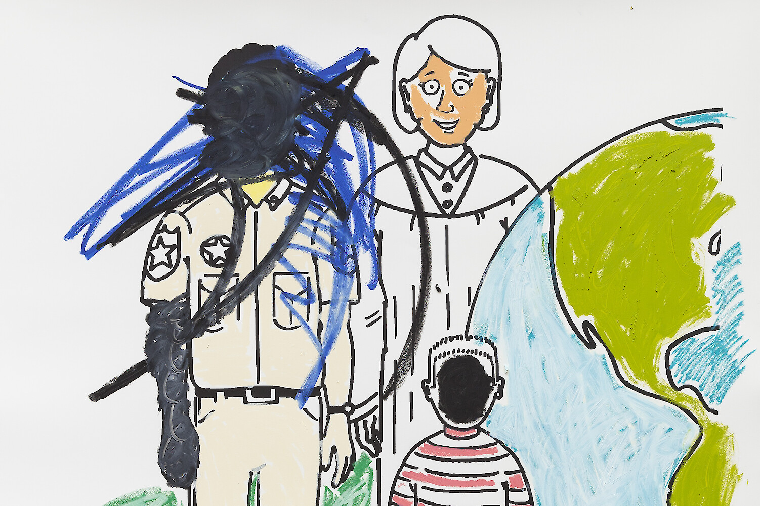 Detail View, *Coloring Book 36*, 2019, Silkscreen ink and oil stick on paper, 152.4 x 127 cm (60 x 50 in) each of two panels; 162 x 302.5 cm (63 3/4 x 119 in) framed, overall installed