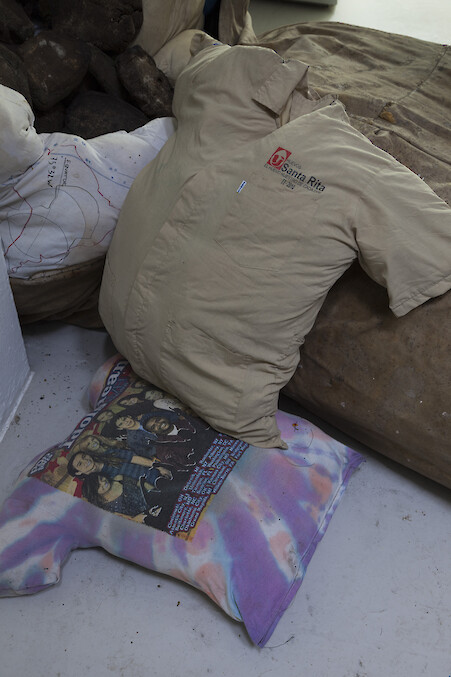 Detail View, *collective conscience*, 2015 – ongoing, Oil, latex, linen, printed canvas, velvet, coins, cotton t-shirts filled with recycled foam, corn and clay sculptures, Dimensions variable