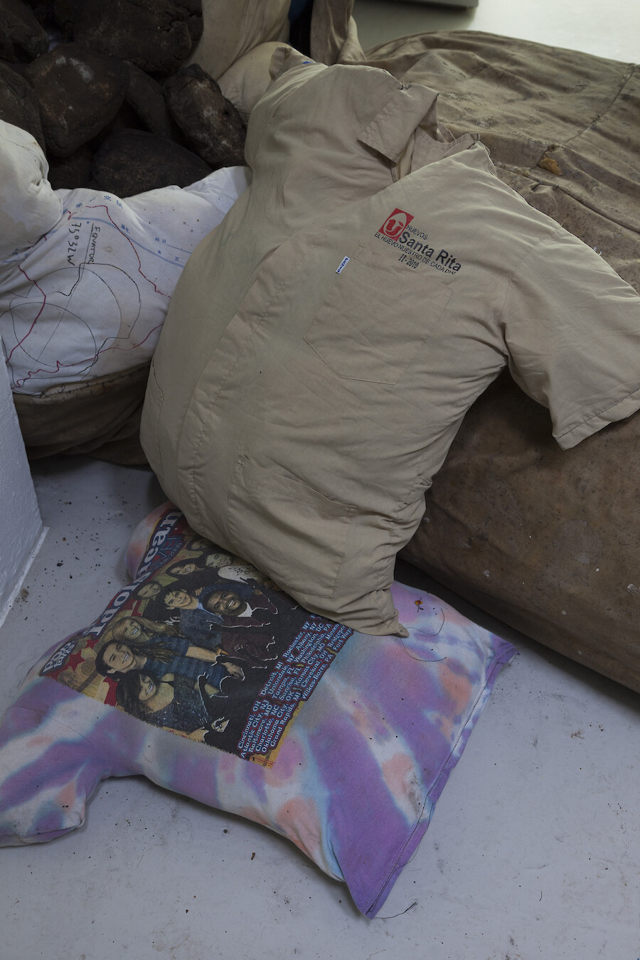 Detail View, *collective conscience*, 2015 – ongoing, Oil, latex, linen, printed canvas, velvet, coins, cotton t-shirts filled with recycled foam, corn and clay sculptures, Dimensions variable