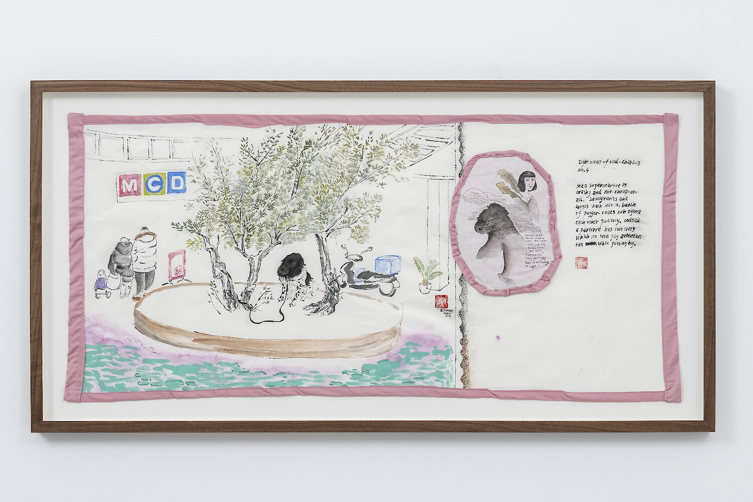 Evelyn Taocheng Wang, *Eight View of Oud-Charlois, No.4,* 2019, mineral color, tea, acrylic on rice paper, 63.7 x 123.5 x 5 cm framed