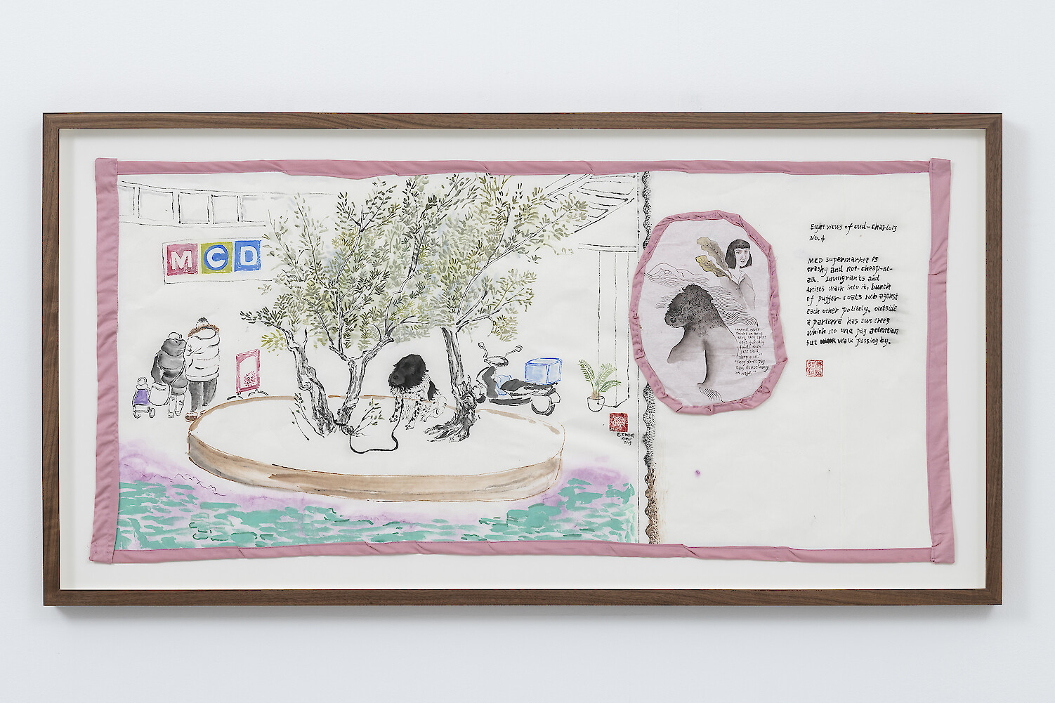 Evelyn Taocheng Wang, *Eight View of Oud-Charlois, No.4,* 2019, mineral color, tea, acrylic on rice paper, 63.7 x 123.5 x 5 cm framed