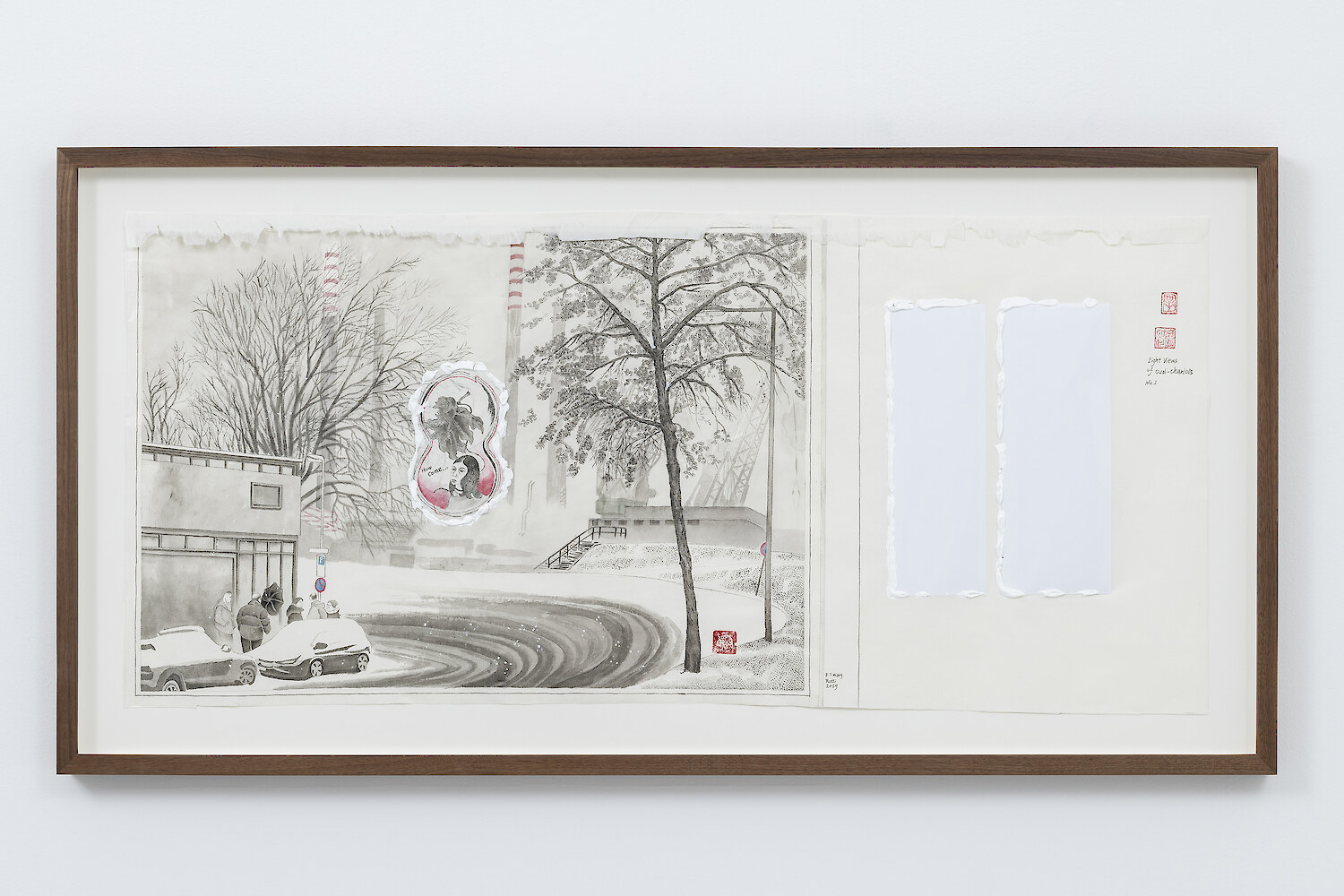 Evelyn Taocheng Wang, *Eight View of Oud-Charlois, No.1,* 2019, mineral color, tea, acrylic on rice paper, 63.7 x 123.5 x 5 cm framed