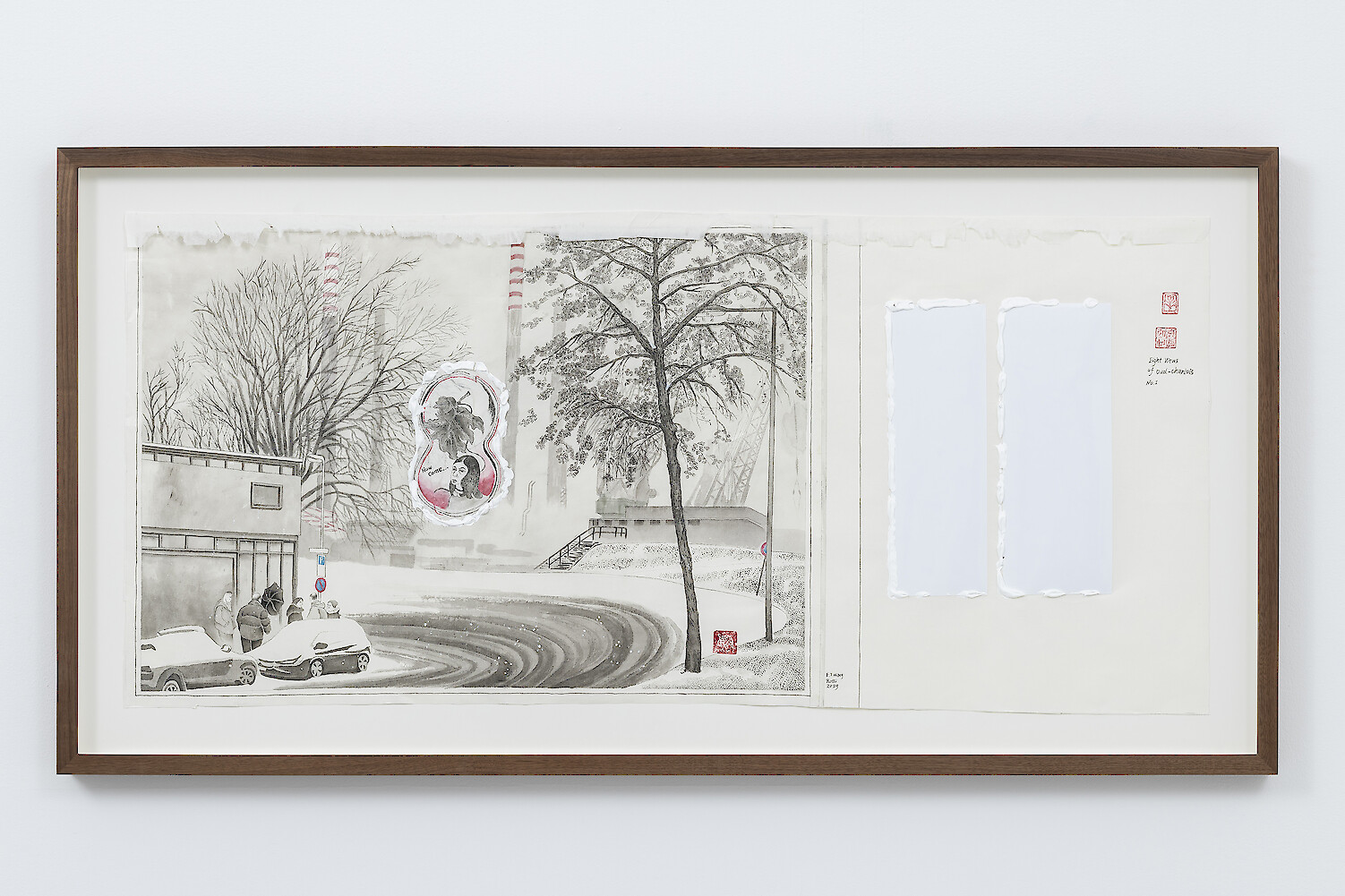 Evelyn Taocheng Wang, *Eight View of Oud-Charlois, No.1,* 2019, mineral color, tea, acrylic on rice paper, 63.7 x 123.5 x 5 cm framed