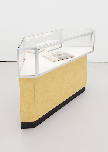 *The Portal*, 2018, glass panelled cabinet, New York Times newspaper, 96.5 x 150.5 x 50.5 cm