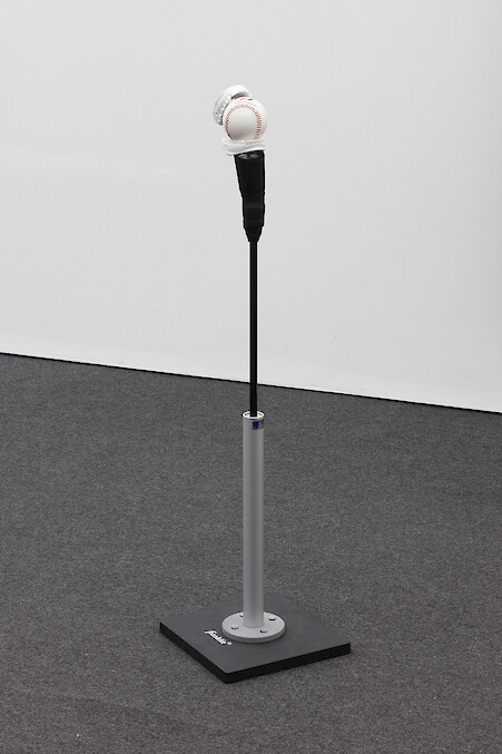 Diamond Stingily, *The Last Stage of Love*, 2017, hand-carved Carrara marble, baseball, batting tee, 101.6 x 25.4 x 5.4 cm