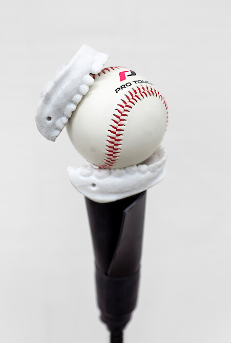 Detail View, Diamond Stingily, *The Last Stage of Love*, 2017, hand-carved Carrara marble, baseball, batting tee, 101.6 x 25.4 x 5.4 cm