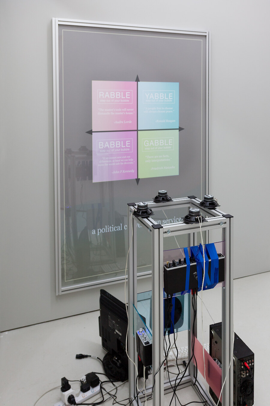 *Babble Box*, 2017, Extruded aluminium, acrylic panels, audio equipment, research samples from test conversations, 105 x 56 x 44 cm