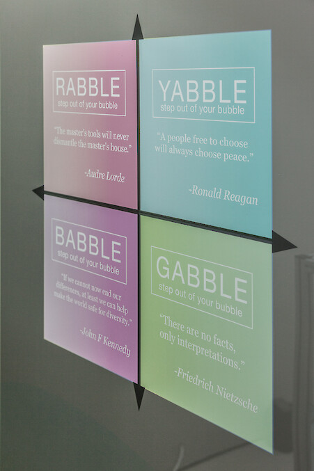 Detail View, *Babble Box*, 2017, Extruded aluminium, acrylic panels, audio equipment, research samples from test conversations, 105 x 56 x 44 cm