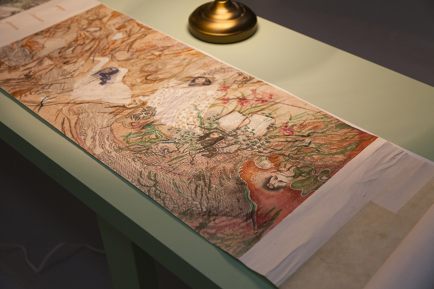 Detail View, *Untitled-Platypus, Divisionism, Proletariat*, 2013-2014, ink, pencil, tea, mineral color, flower powder, acrylic color, water color, ink, raw rice paper, mounted on japanese rice paper, 33 x 470 cm