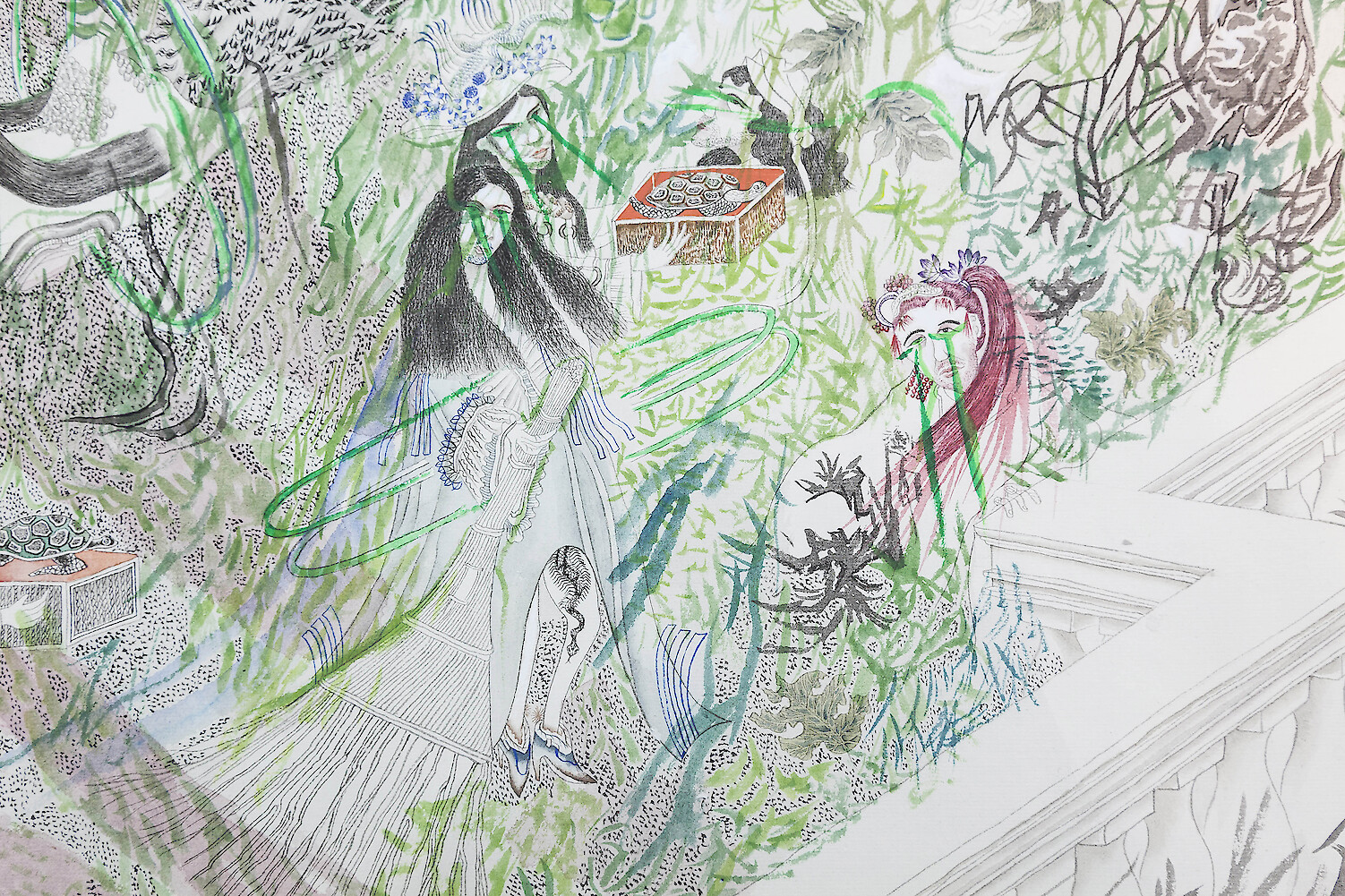 Detail View, *Untitled-Platypus, Divisionism, Proletariat*, 2013-2014, ink, pencil, tea, mineral color, flower powder, acrylic color, water color, ink, raw rice paper, mounted on japanese rice paper, 33 x 470 cm