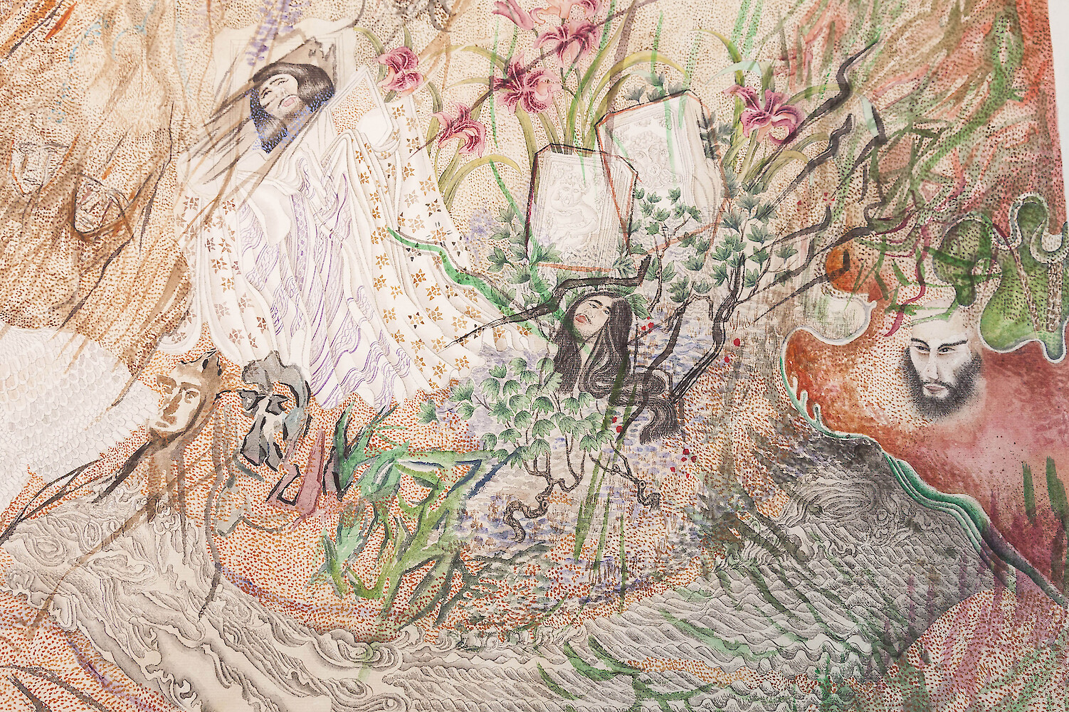 Detail View, *Untitled-Platypus, Divisionism, Proletariat*, 2013-2014, ink, pencil, tea, mineral color, flower powder, acrylic color, water color, ink, raw rice paper, mounted on japanese rice paper, 33 x 470 cm