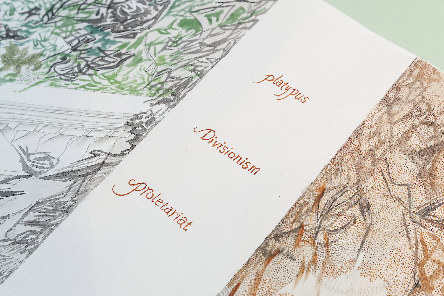 Detail View, *Untitled-Platypus, Divisionism, Proletariat*, 2013-2014, ink, pencil, tea, mineral color, flower powder, acrylic color, water color, ink, raw rice paper, mounted on japanese rice paper, 33 x 470 cm