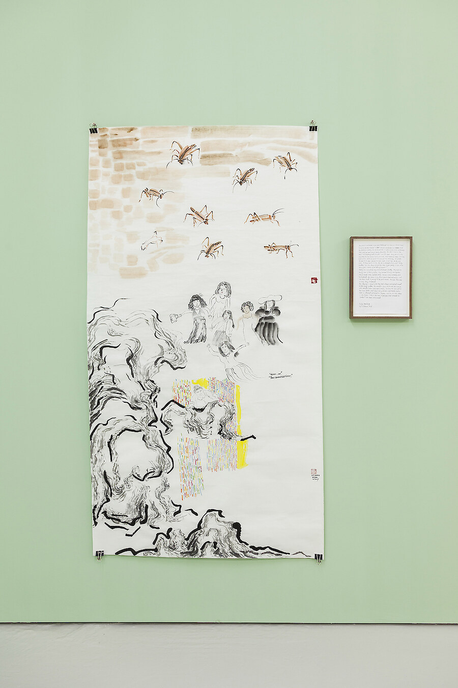 *A Female Grasshopper Shits Behind A Fake Hill*, 2017, ink, mineral color on rice paper, 180 x 96 cm & pencil on A4 paper, 30 x 21 cm