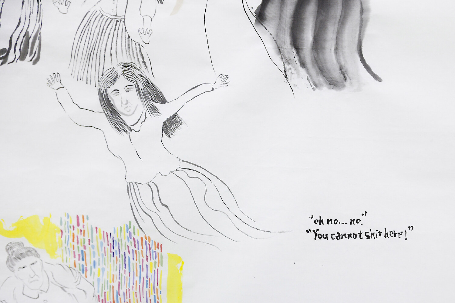 Detail View, *A Female Grasshopper Shits Behind A Fake Hill*, 2017, ink, mineral color on rice paper, 180 x 96 cm & pencil on A4 paper, 30 x 21 cm