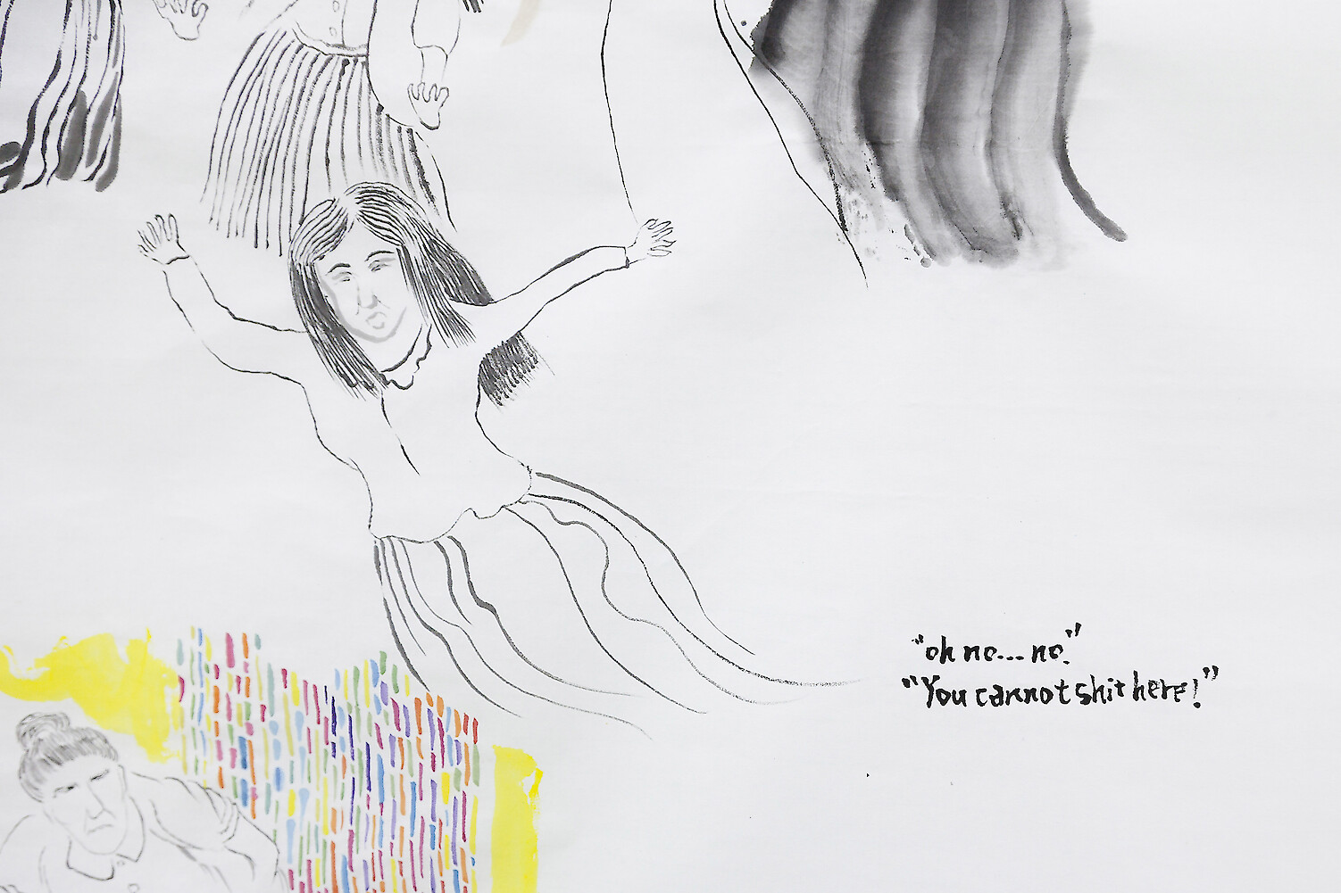 Detail View, *A Female Grasshopper Shits Behind A Fake Hill*, 2017, ink, mineral color on rice paper, 180 x 96 cm & pencil on A4 paper, 30 x 21 cm