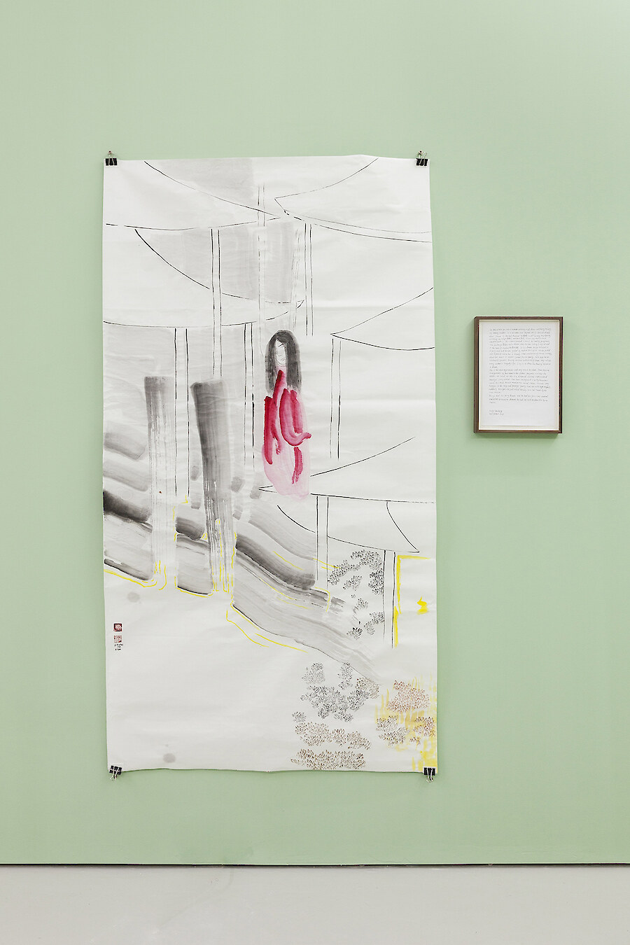 *Someone Mysterious Hung Herself Up Among Towers*, 2017, ink, mineral color on rice paper, 180 x 96 cm & pencil on A4 paper, 30 x 21 cm