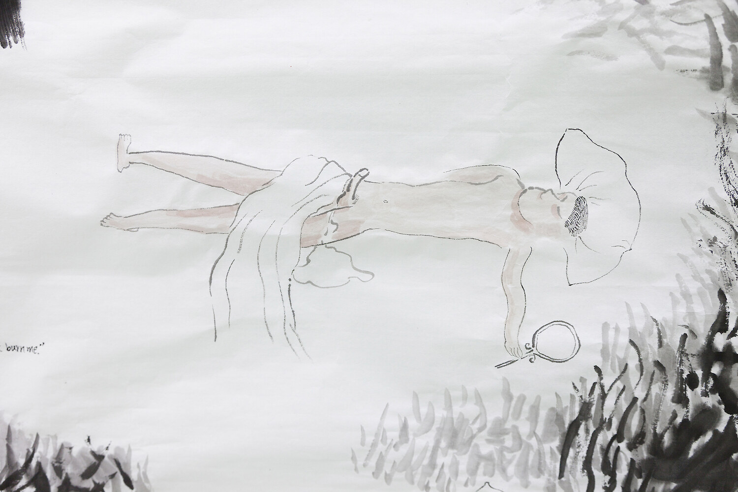 Detail View, *Who is going to burn my love-affair Mirror?!*, 2017, ink, mineral color on rice paper, 180 x 96 cm & pencil on A4 paper, 30 x 21 cm