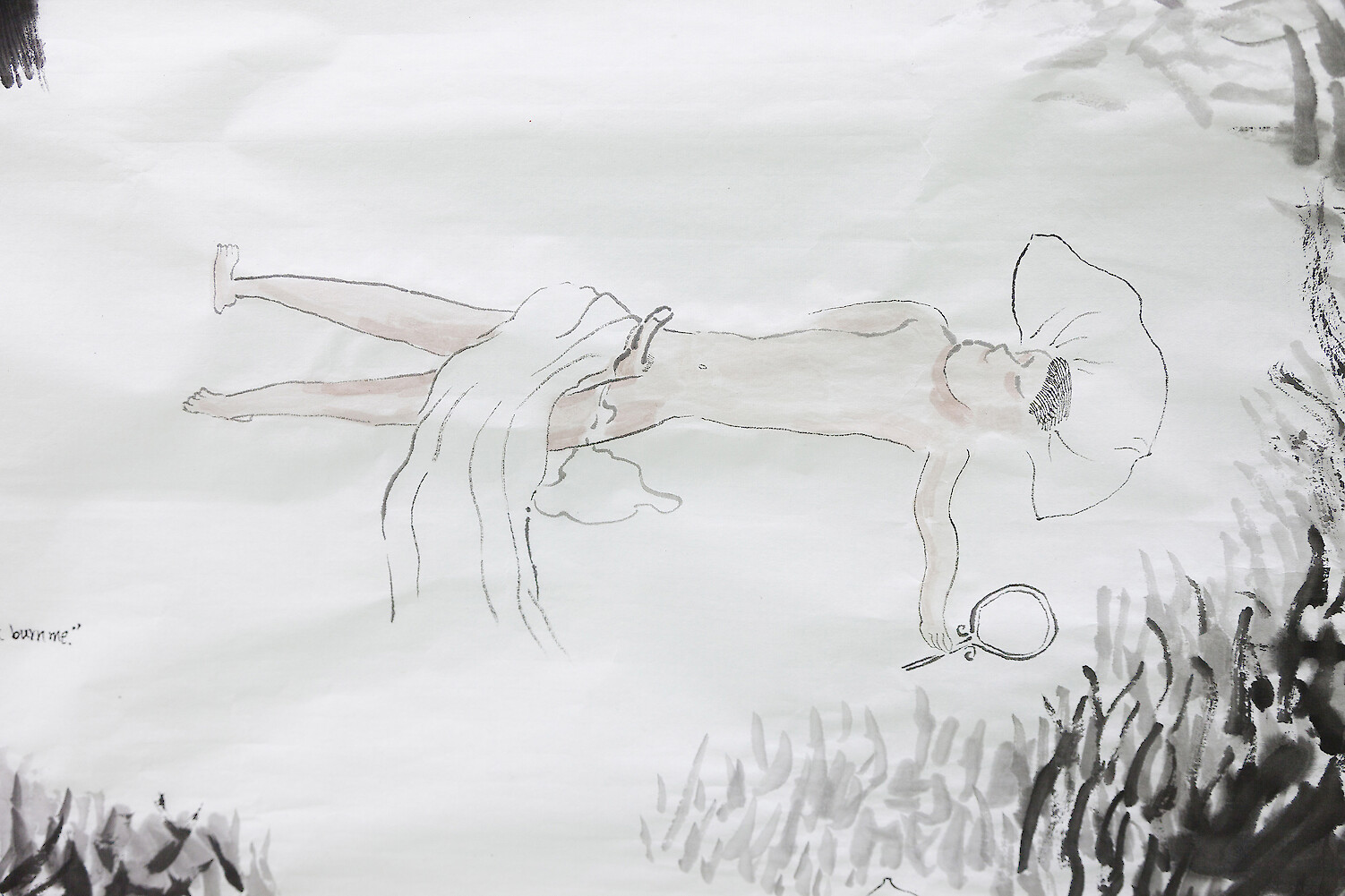 Detail View, *Who is going to burn my love-affair Mirror?!*, 2017, ink, mineral color on rice paper, 180 x 96 cm & pencil on A4 paper, 30 x 21 cm