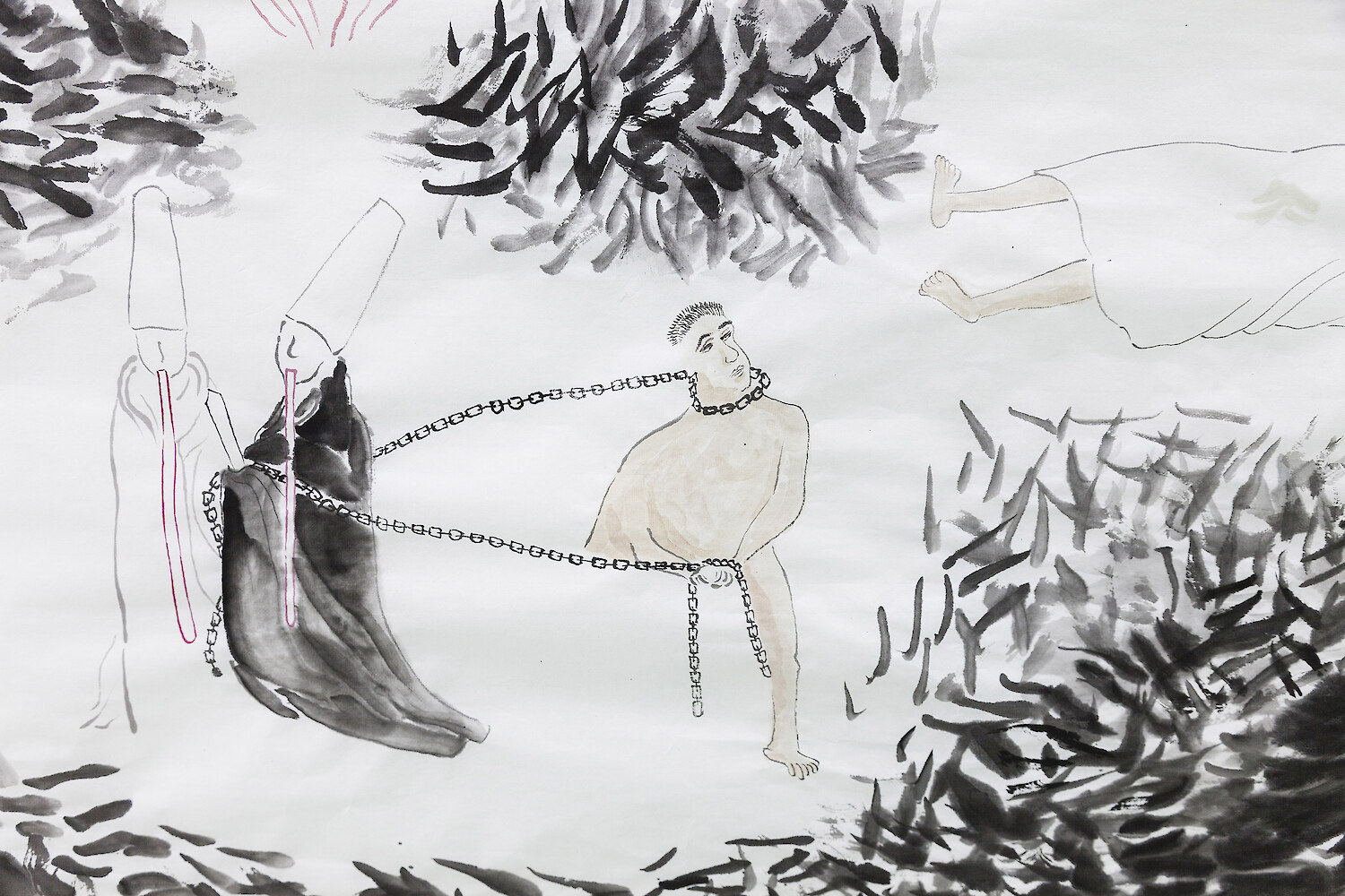 Detail View, *Who is going to burn my love-affair Mirror?!*, 2017, ink, mineral color on rice paper, 180 x 96 cm & pencil on A4 paper, 30 x 21 cm