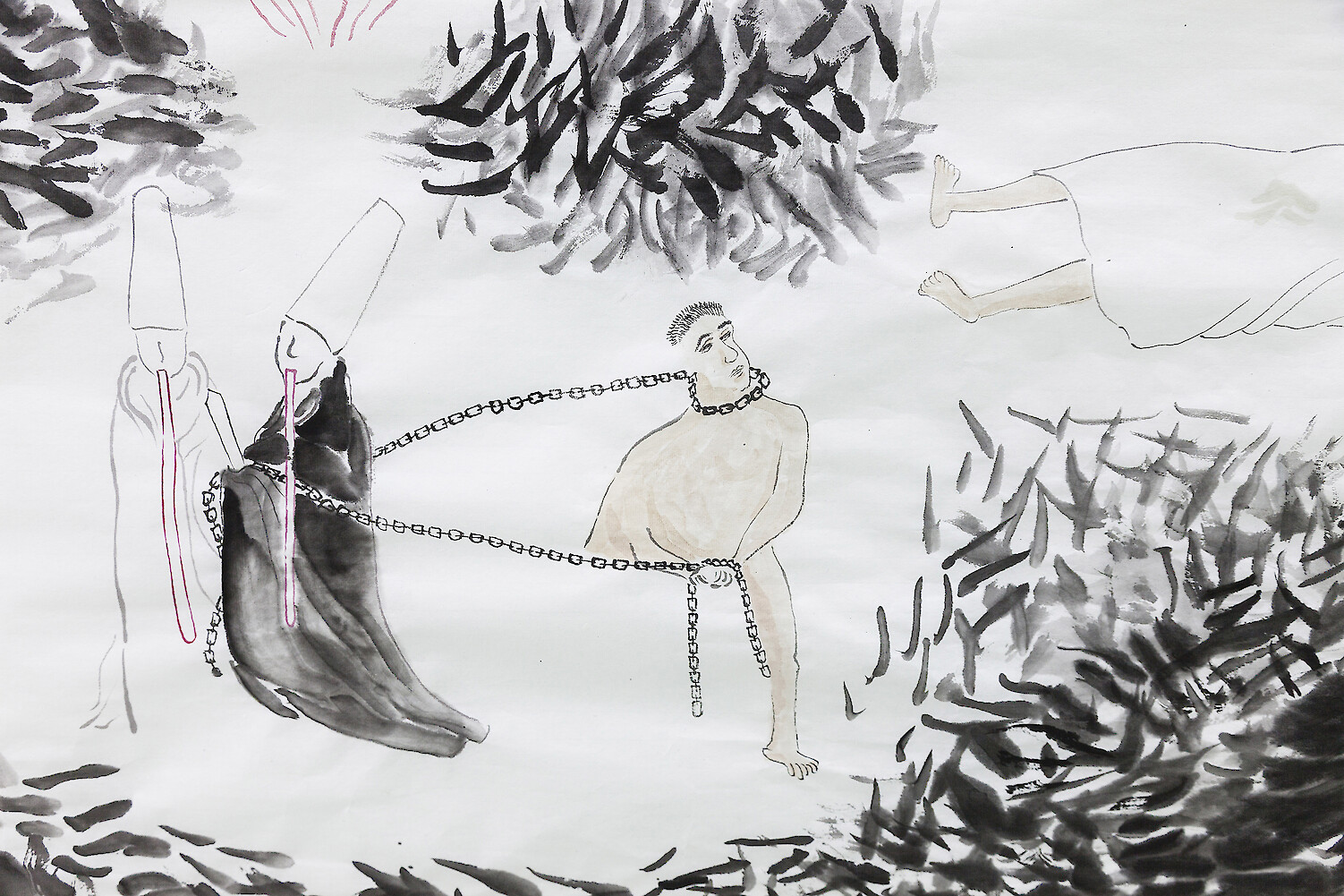 Detail View, *Who is going to burn my love-affair Mirror?!*, 2017, ink, mineral color on rice paper, 180 x 96 cm & pencil on A4 paper, 30 x 21 cm