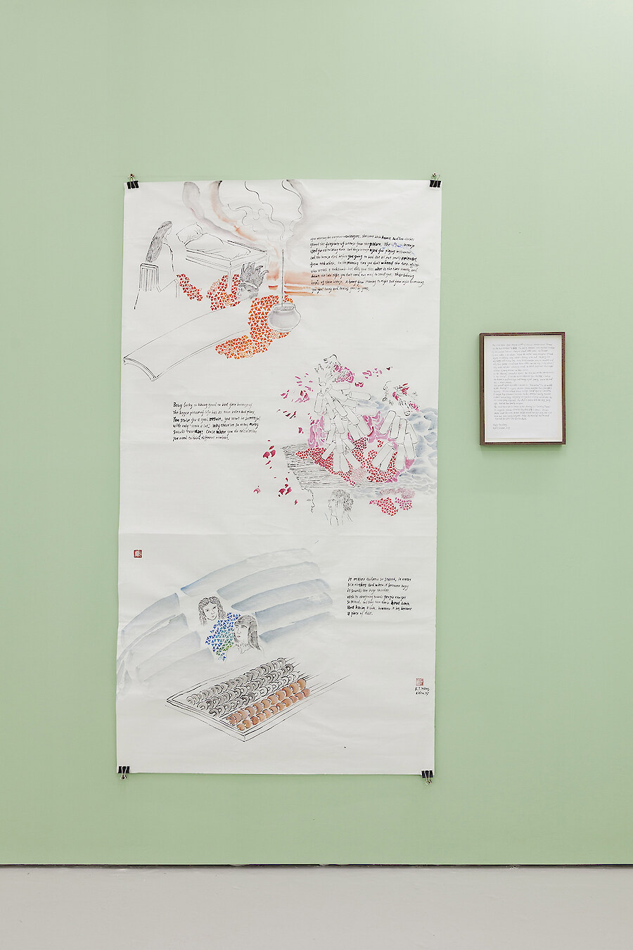 *Puzzle Game With Different Objects Indicate Women's Tragedy Future*, 2017, ink, mineral color on rice paper, 180 x 96 cm & pencil on A4 paper, 30 x 21 cm