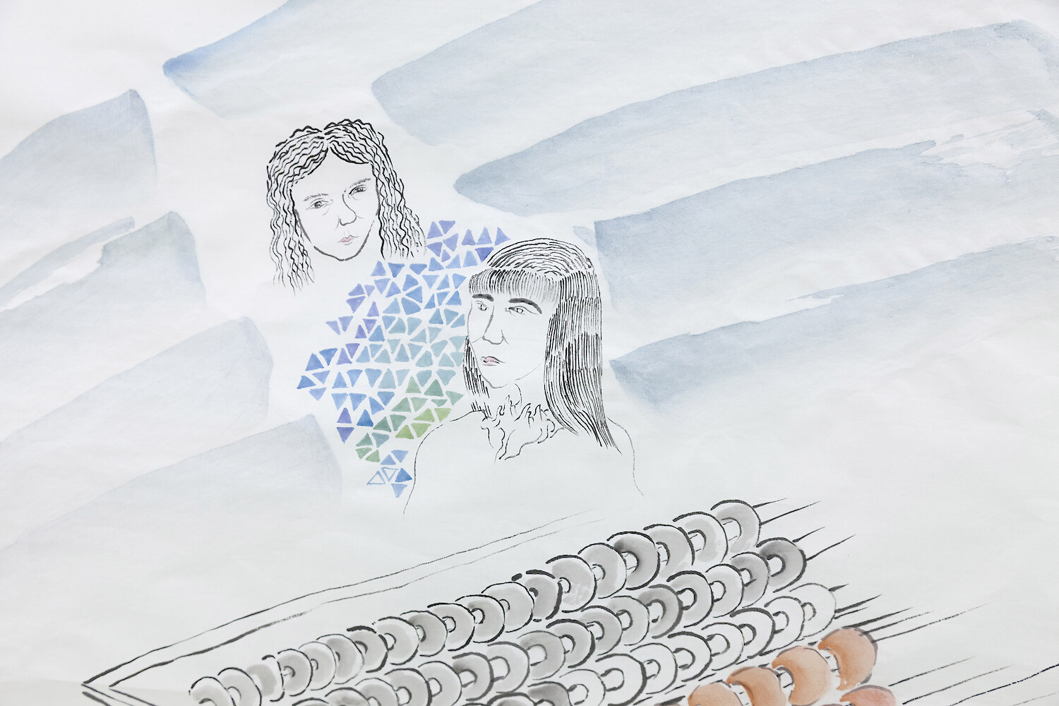 Detail View, *Puzzle Game With Different Objects Indicate Women's Tragedy Future*, 2017, ink, mineral color on rice paper, 180 x 96 cm & pencil on A4 paper, 30 x 21 cm