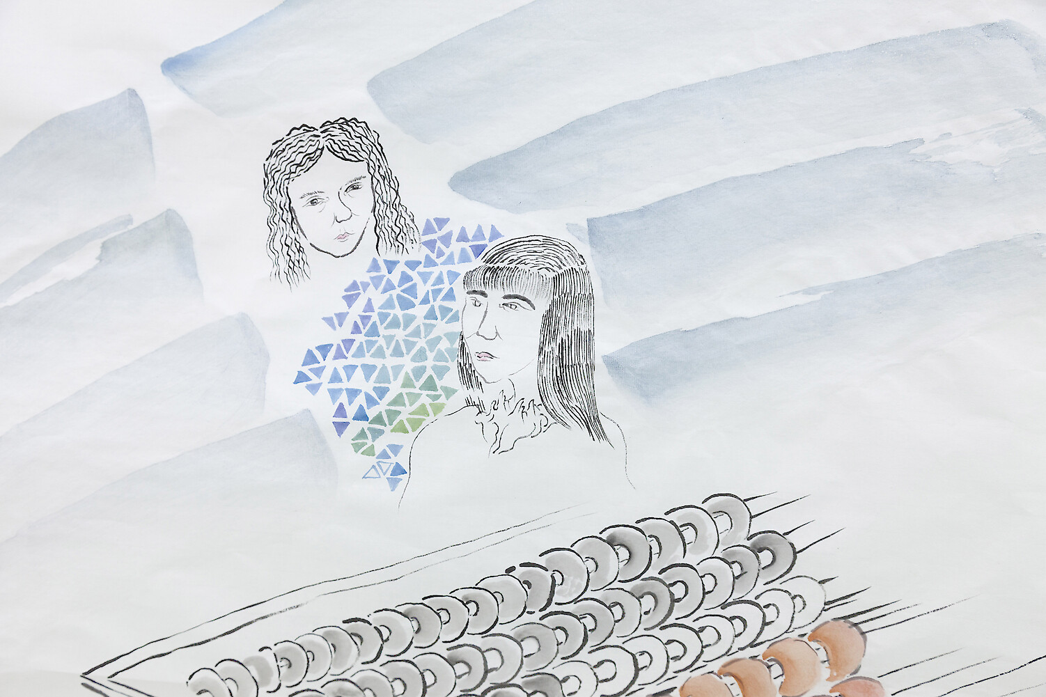 Detail View, *Puzzle Game With Different Objects Indicate Women's Tragedy Future*, 2017, ink, mineral color on rice paper, 180 x 96 cm & pencil on A4 paper, 30 x 21 cm