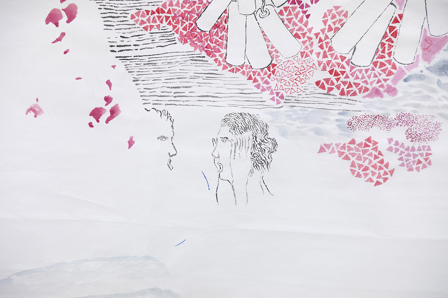 Detail View, *Puzzle Game With Different Objects Indicate Women's Tragedy Future*, 2017, ink, mineral color on rice paper, 180 x 96 cm & pencil on A4 paper, 30 x 21 cm