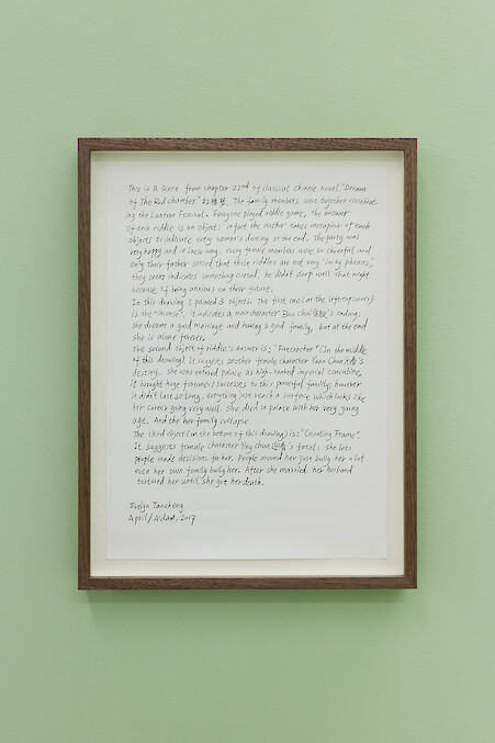 Detail View, *Puzzle Game With Different Objects Indicate Women's Tragedy Future*, 2017, ink, mineral color on rice paper, 180 x 96 cm & pencil on A4 paper, 30 x 21 cm