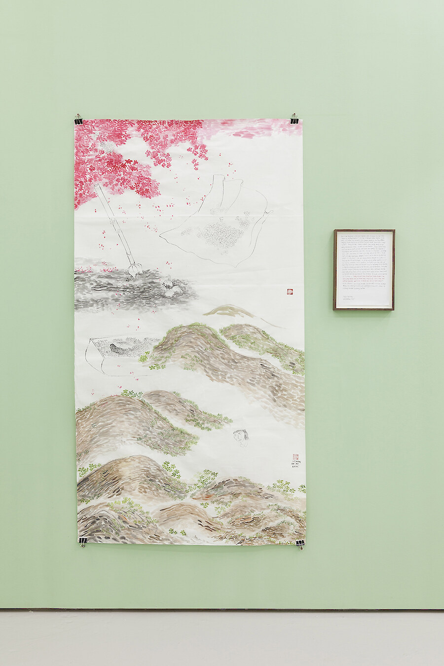 *Bury Flowers*, 2017, ink, mineral color on rice paper, 180 x 96 cm & pencil on A4 paper, 30 x 21 cm