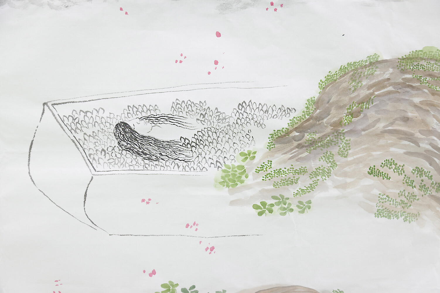 *Bury Flowers*, 2017, ink, mineral color on rice paper, 180 x 96 cm & pencil on A4 paper, 30 x 21 cm