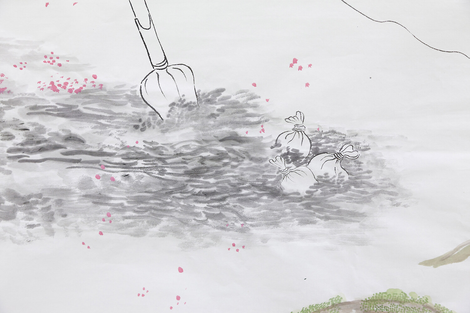 *Bury Flowers*, 2017, ink, mineral color on rice paper, 180 x 96 cm & pencil on A4 paper, 30 x 21 cm