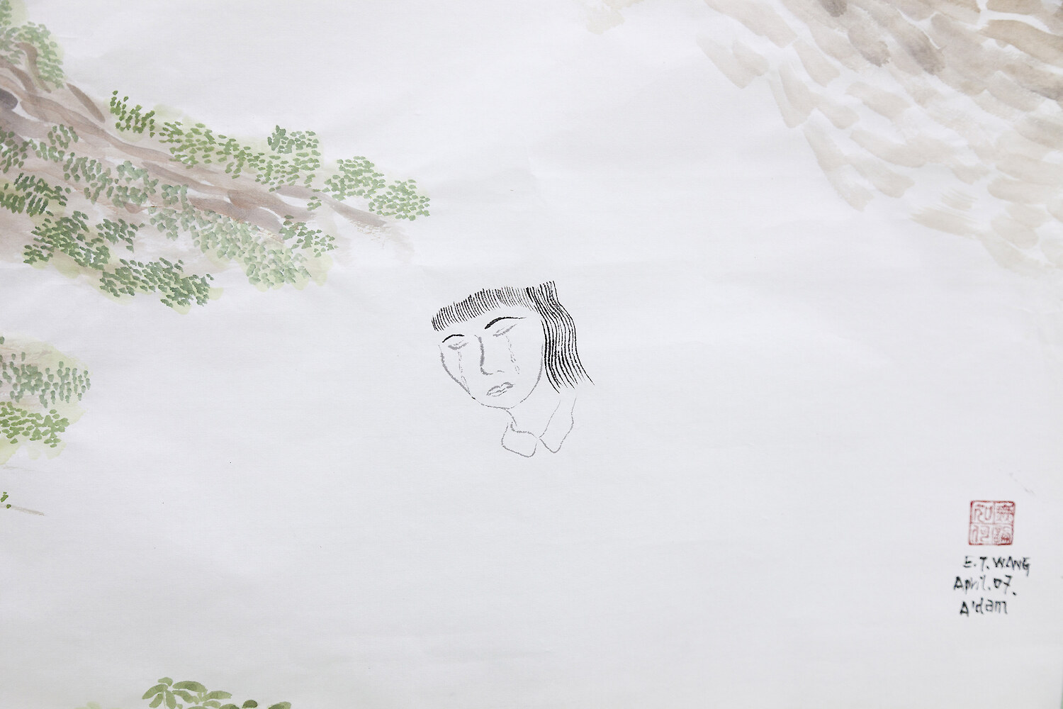 *Bury Flowers*, 2017, ink, mineral color on rice paper, 180 x 96 cm & pencil on A4 paper, 30 x 21 cm